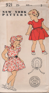 1950's New York Girl's Dress with Ruffle or Puff Sleeves and Bonnet - Chest 22