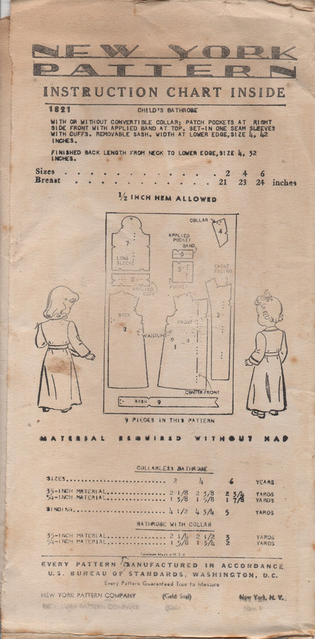 1940's New York Child's Double Breasted Robe with or without Collar - Chest 24" - No. 1821