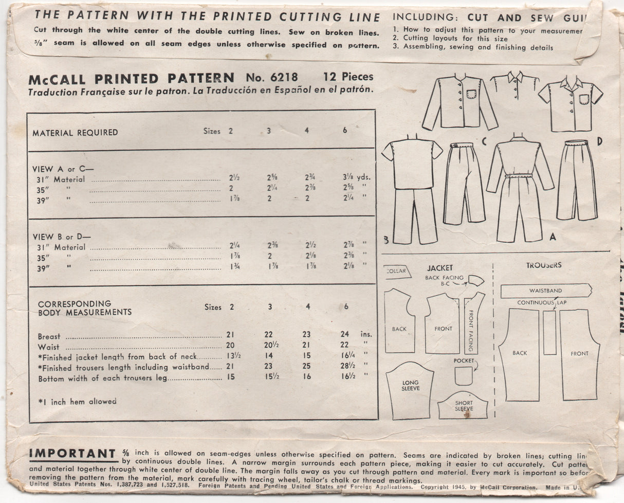 1940's McCall Child's Two Piece Pajamas - Chest 22" - No. 6218