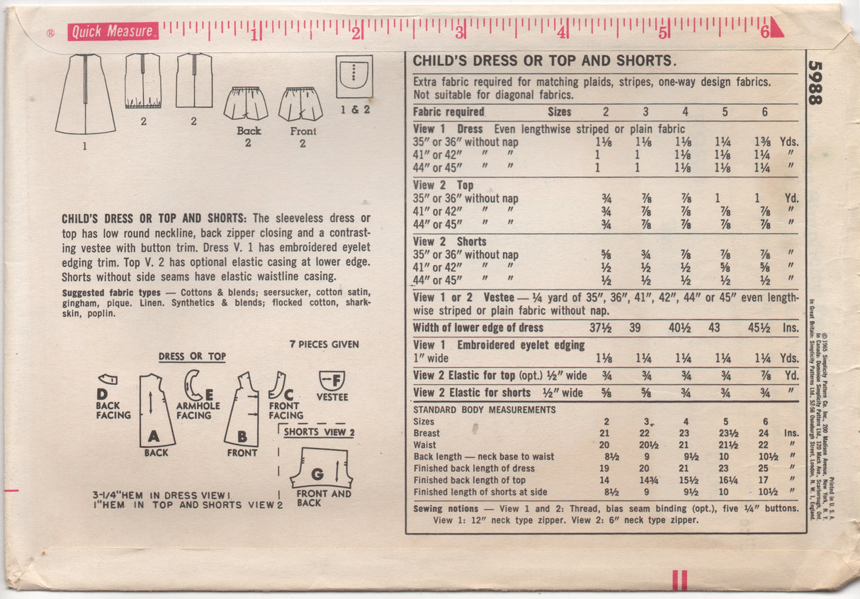 1960's Simplicity Child's Dress, Top and Shorts - Chest 21" - No. 5988