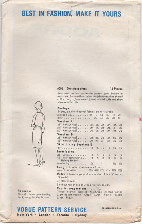 1960's Vogue Shirtwaist Dress with Pockets - Bust 31" - UC/FF - No. 6006