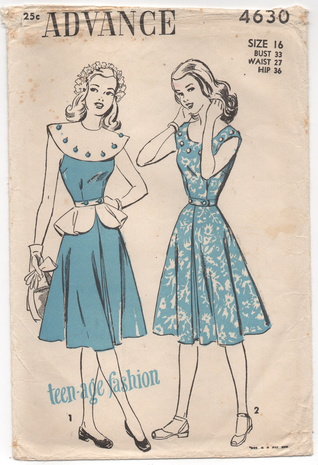1940’s Advance One Piece Dress with Detachable Large Collar and Peplum - Bust: 33