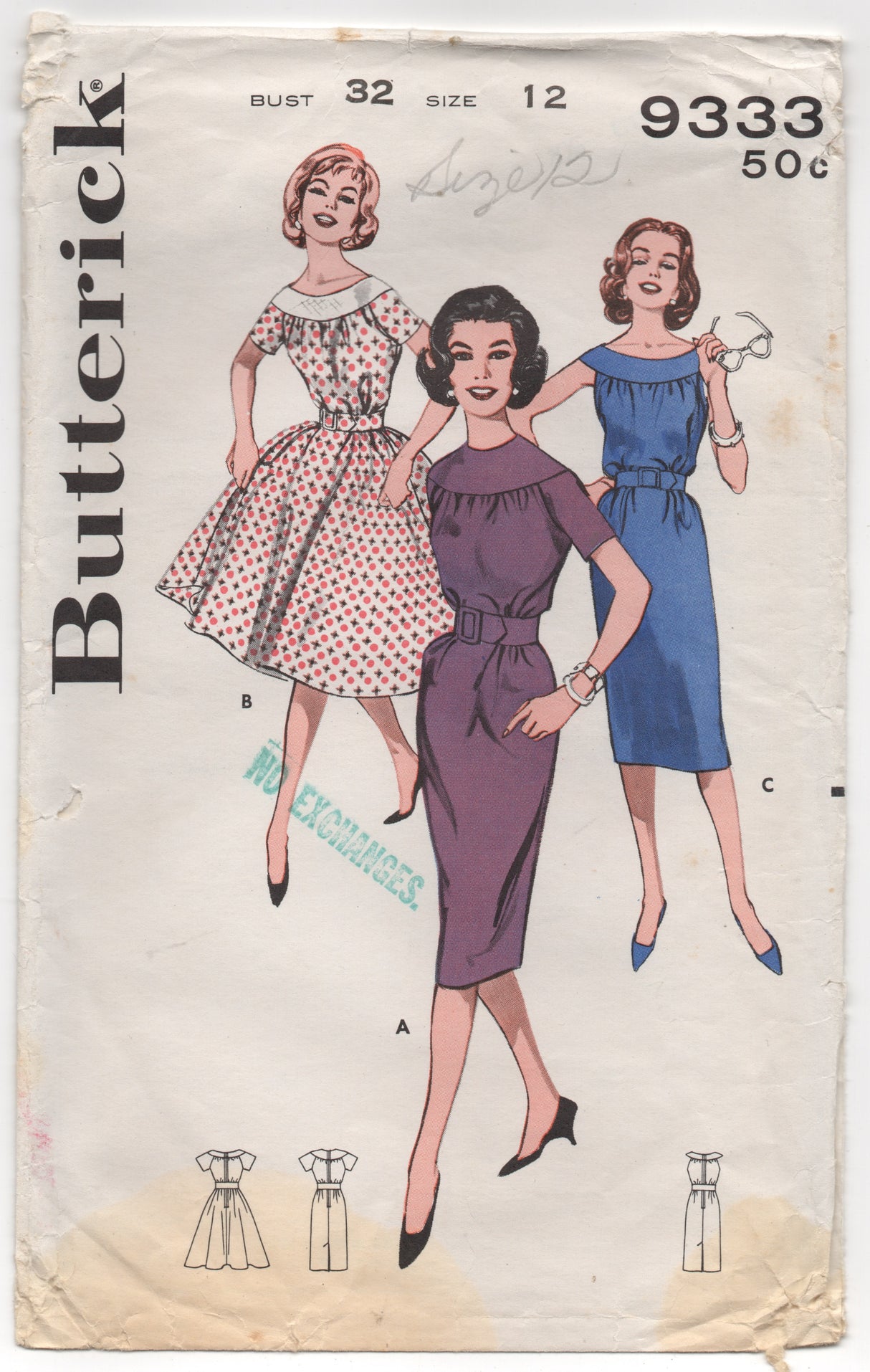 1960's Butterick One Piece Dress with Bateau Neckline and Two Skirt Styles - Bust 32" - No. 9333