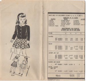 1940's Marian Martin Girl's Cap, Blouse, Skirt and Jacket Set - Breast 26" - No. 9541