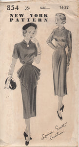 1940's New York by Louise Scott One Piece Dress with Plaited Draping in front and Two Sleeve lengths - Bust 32" - UC/FF - No. 854