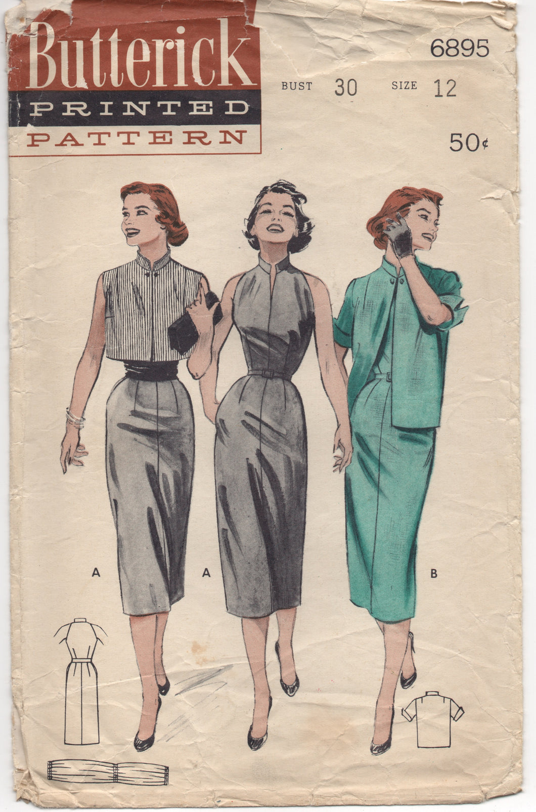 1950's Butterick Slim Fit Sleeveless Dress with Two Style of Jackets - Bust 30