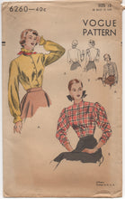 1940's Vogue Blouse with Two Sleeve Styles - Bust 30" - no. 6260