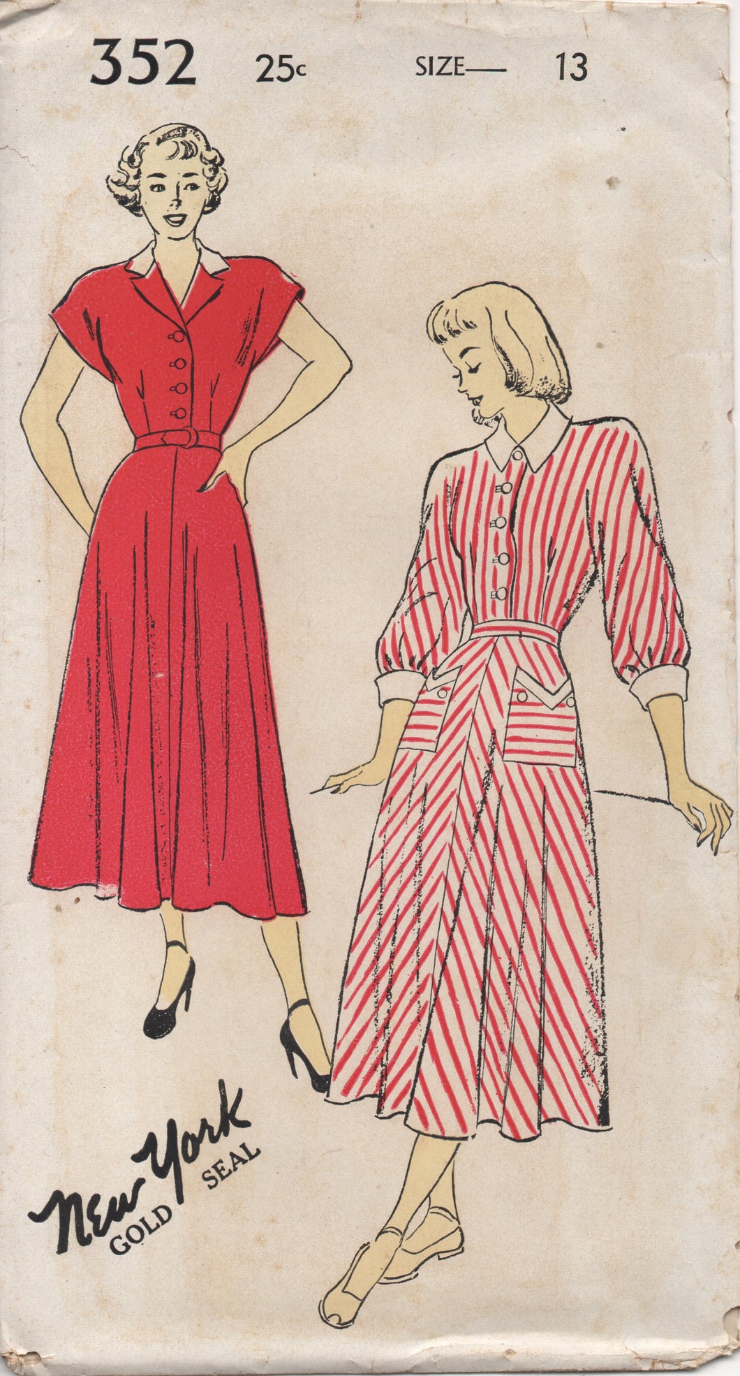 1950's New York Shirtwaist Dress with Cap or Three-Quarter Sleeves and Detailed pockets - Bust 31