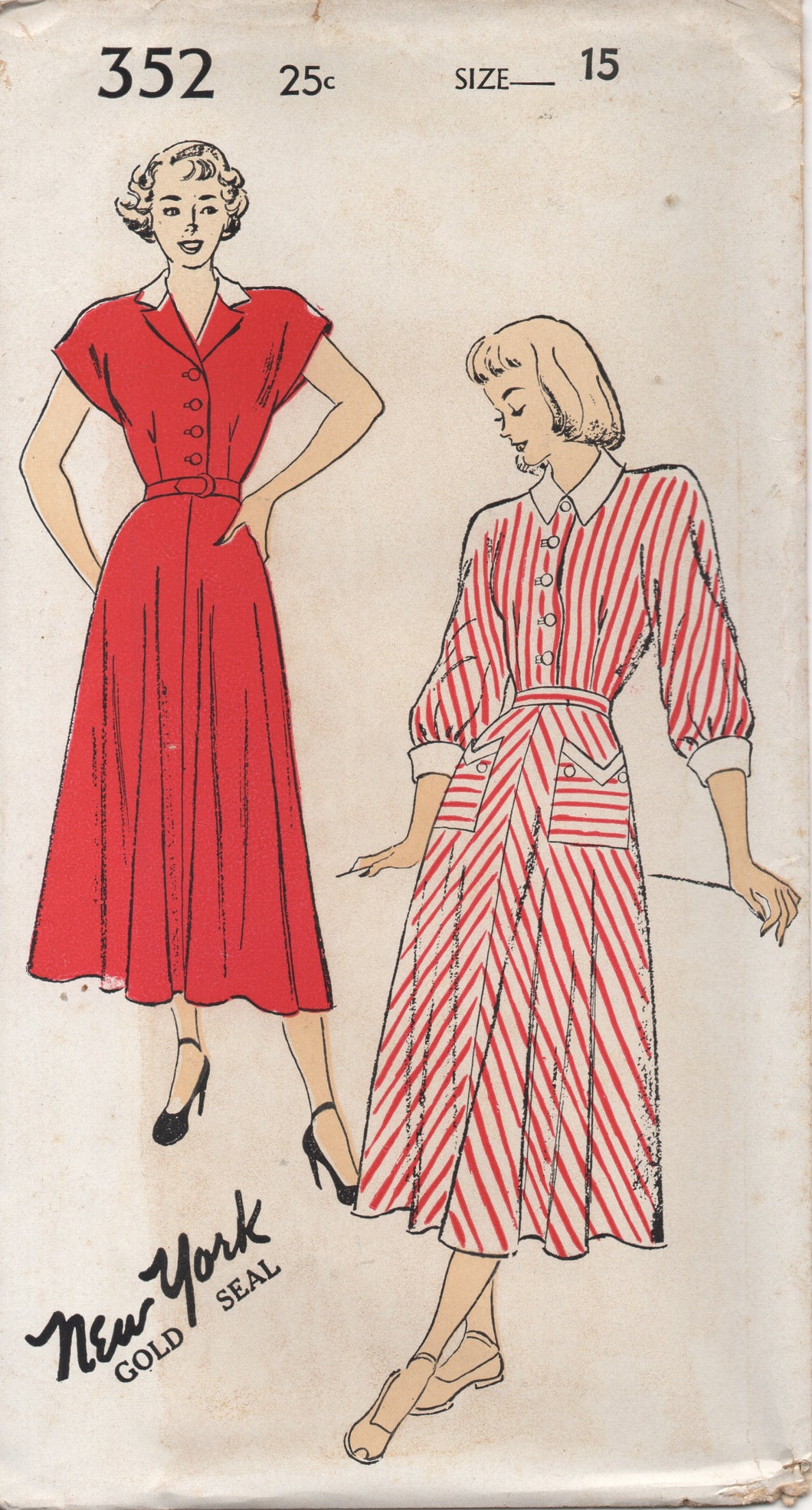1950's New York Shirtwaist Dress with Cap or Three-Quarter Sleeves and Detailed pockets - Bust 33