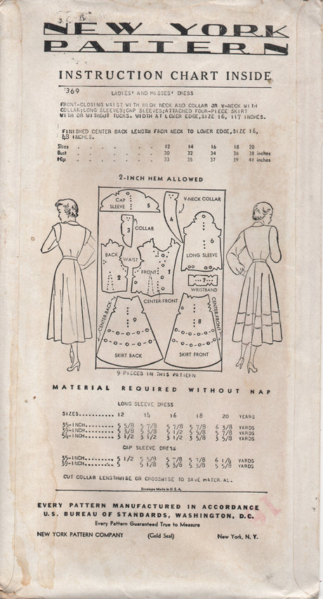 1940's New York Shirtwaist Dress with Two Sleeve lengths and Trimmed Skirt - Bust 32" - UC/FF - No. 369