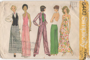 1970's Simplicity Halter Vest, Blouse, High Waisted Pants, Maxi Skirt - Bust 34" - No. 5409