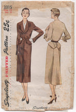 1950's Simplicity One Piece Dress with Button Front, Cross Peplum, and Dickey - Bust 30" - No. 3315