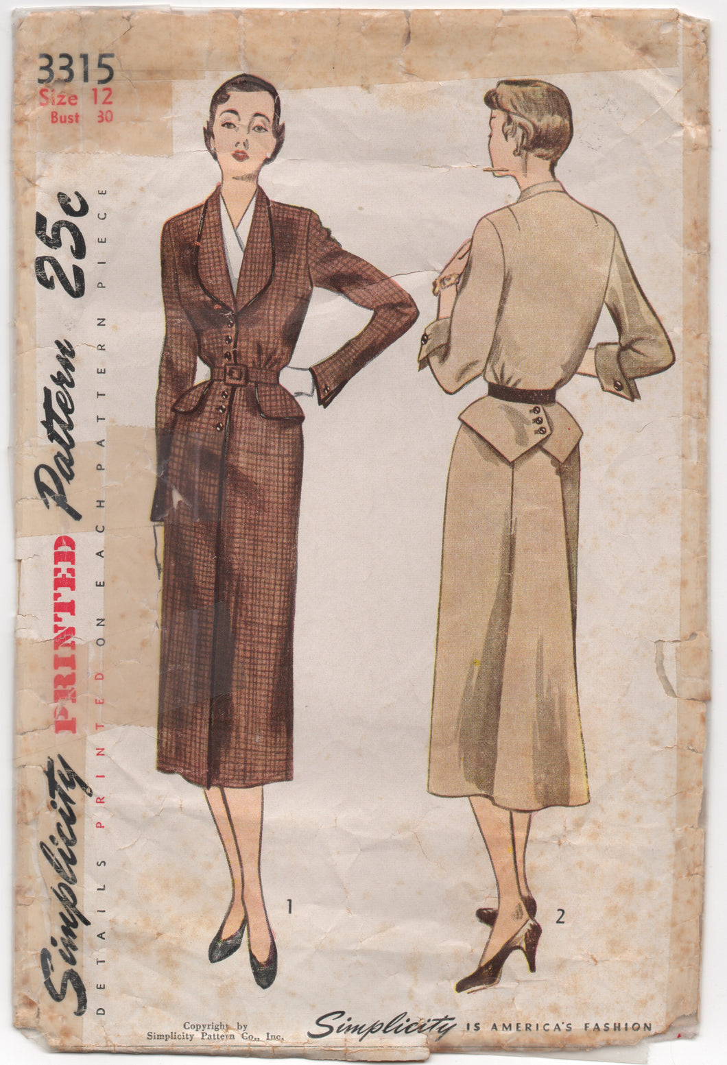 1950's Simplicity One Piece Dress with Button Front, Cross Peplum, and Dickey - Bust 30