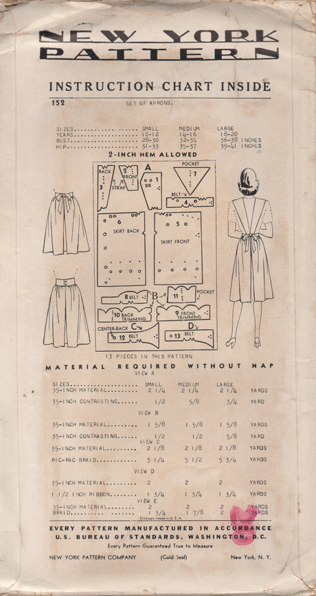 1940's New York Full or Half Apron with Distinct Waistbands - Bust 32-34" - No. 152