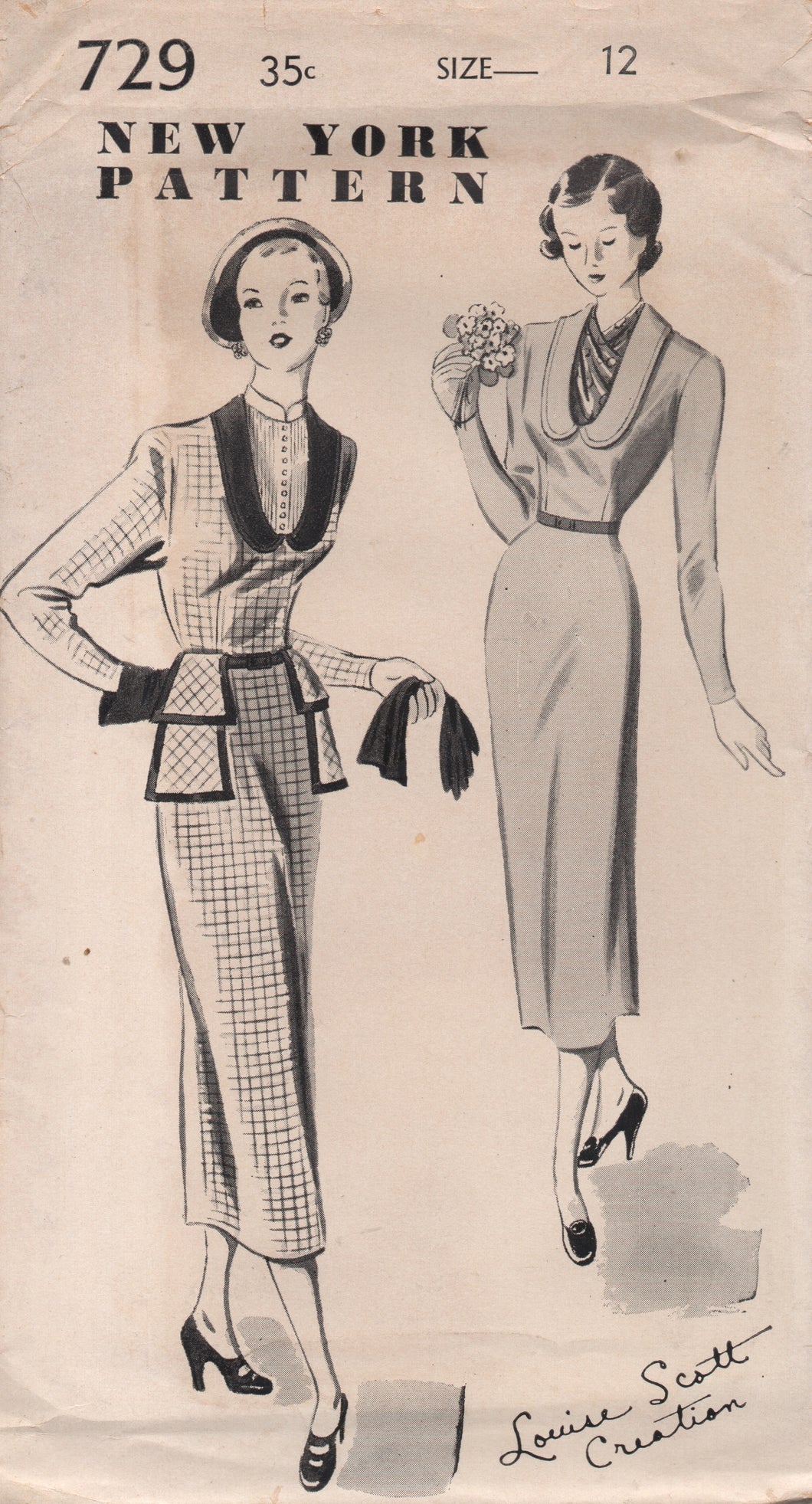 1950's New York by Louise Scott One Piece Dress with Deep Scoop Neckline and Collar and Double Peplum - Bust 30