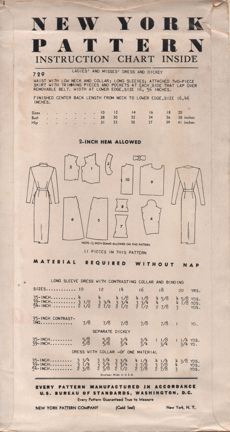 1950's New York by Louise Scott One Piece Dress with Deep Scoop Neckline and Collar and Double Peplum - Bust 30" - UC/FF - No. 729