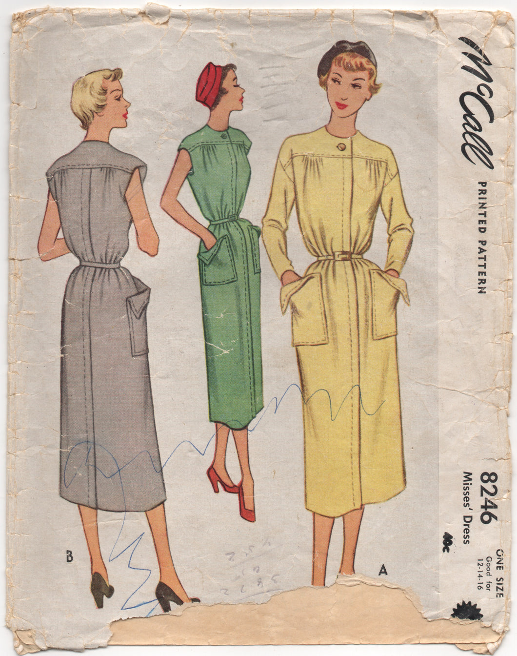 1950's McCall One-Piece Dress Pattern with Large Patch Pockets - Bust 30