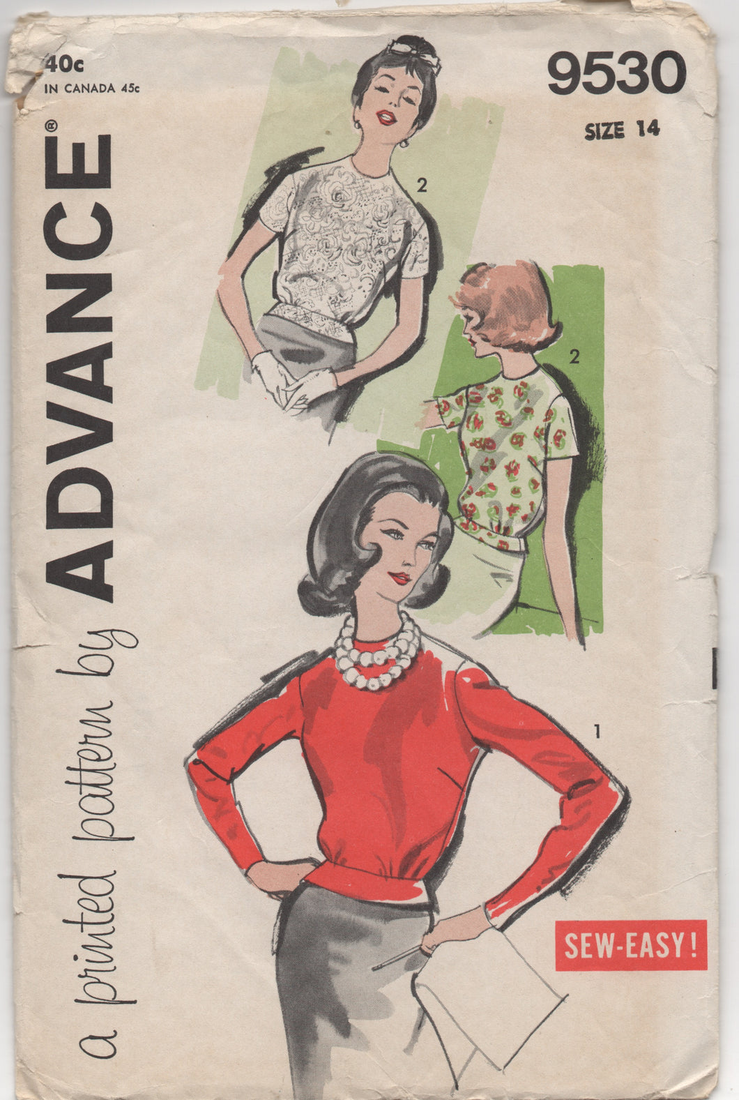 1960's Advance High Neckline Blouse with Two Sleeve lengths and Waistband - Bust 34