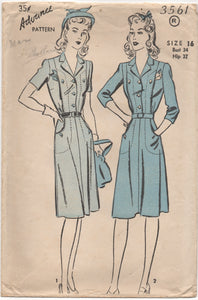 1940's Advance One Piece Dress with Saddle Stitching detail and Pockets - Bust 34" - No. 3561