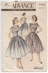 1950’s Advance One Piece Dress with Tie Shoulders and Pleated Skirt - Bust 32” - No. 7998