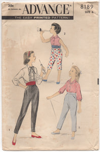 1950's Advance Girl's Cigarette Pants, Cummerbund and Blouse - Breast 24" - UC/FF - No. 8189