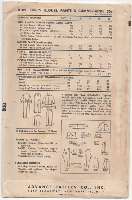 1950's Advance Girl's Cigarette Pants, Cummerbund and Blouse - Breast 24" - UC/FF - No. 8189