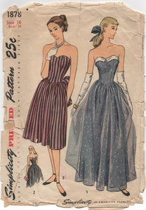 1940’s Simplicity Evening Gown in Two Lengths with Sweetheart neckline - Bust 34” - No. 1878
