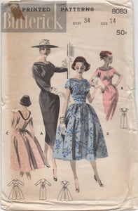 1950's Butterick One Piece Dress with Slim or Full Skirt - Bust 34" - UC/FF - No. 8083
