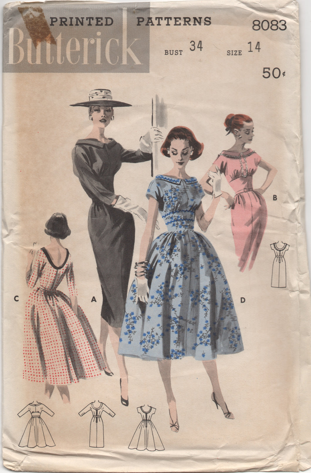 1950's Butterick One Piece Dress with Slim or Full Skirt - Bust 34