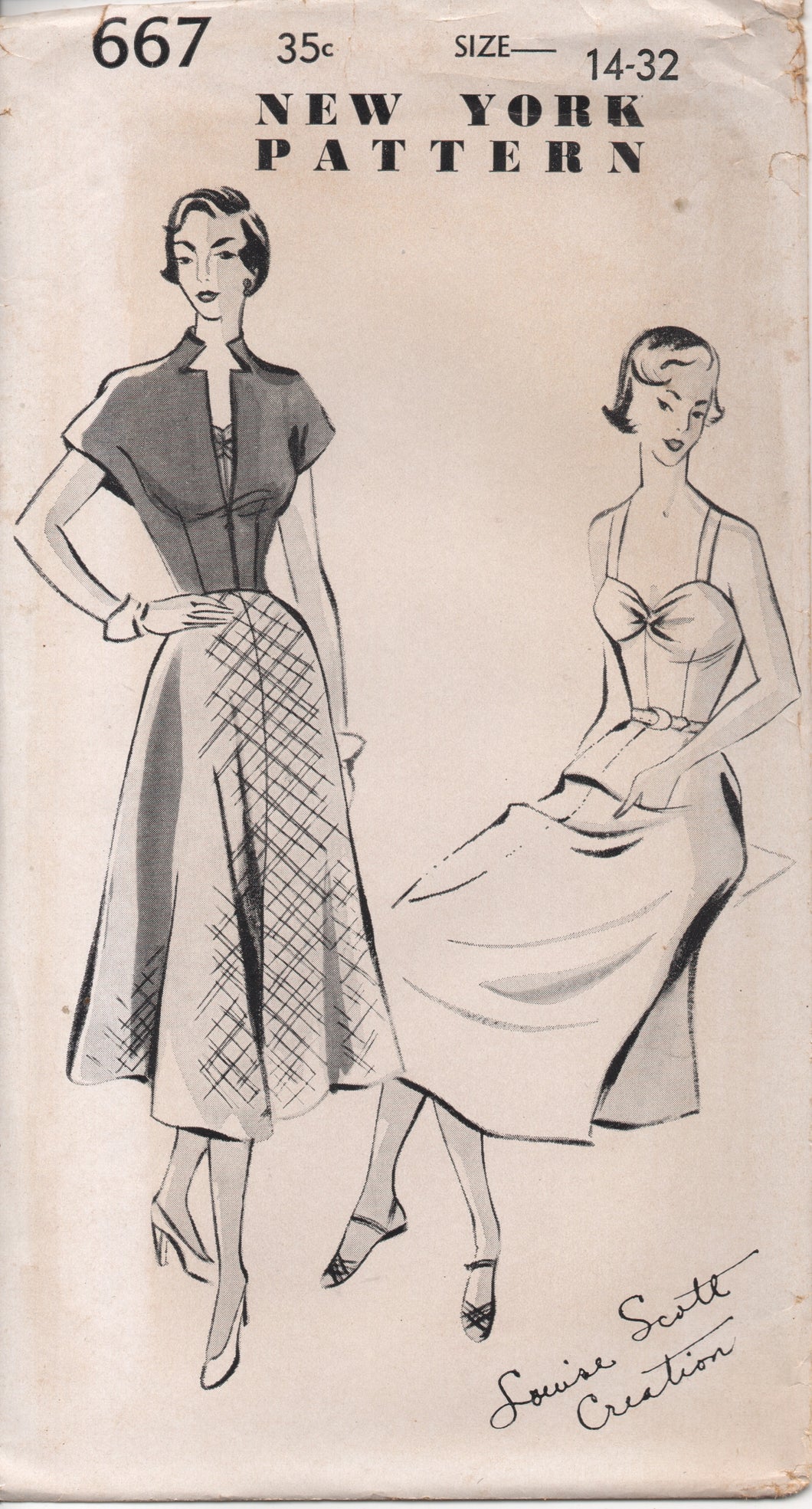 1950's New York by Louise Scott Dress with Sweetheart Neckline and Notched Bolero - Bust 32