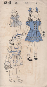 1950's New York Girl's One Piece Dress with Peter Pan Collar or Round or Square Neckline - Breast 21" - No. 1841