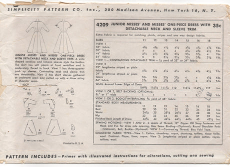 1950’s Simplicity One Piece Dress with Zig-Zag Neckline and Tie up Sleeves - Bust 31” - No. 4209