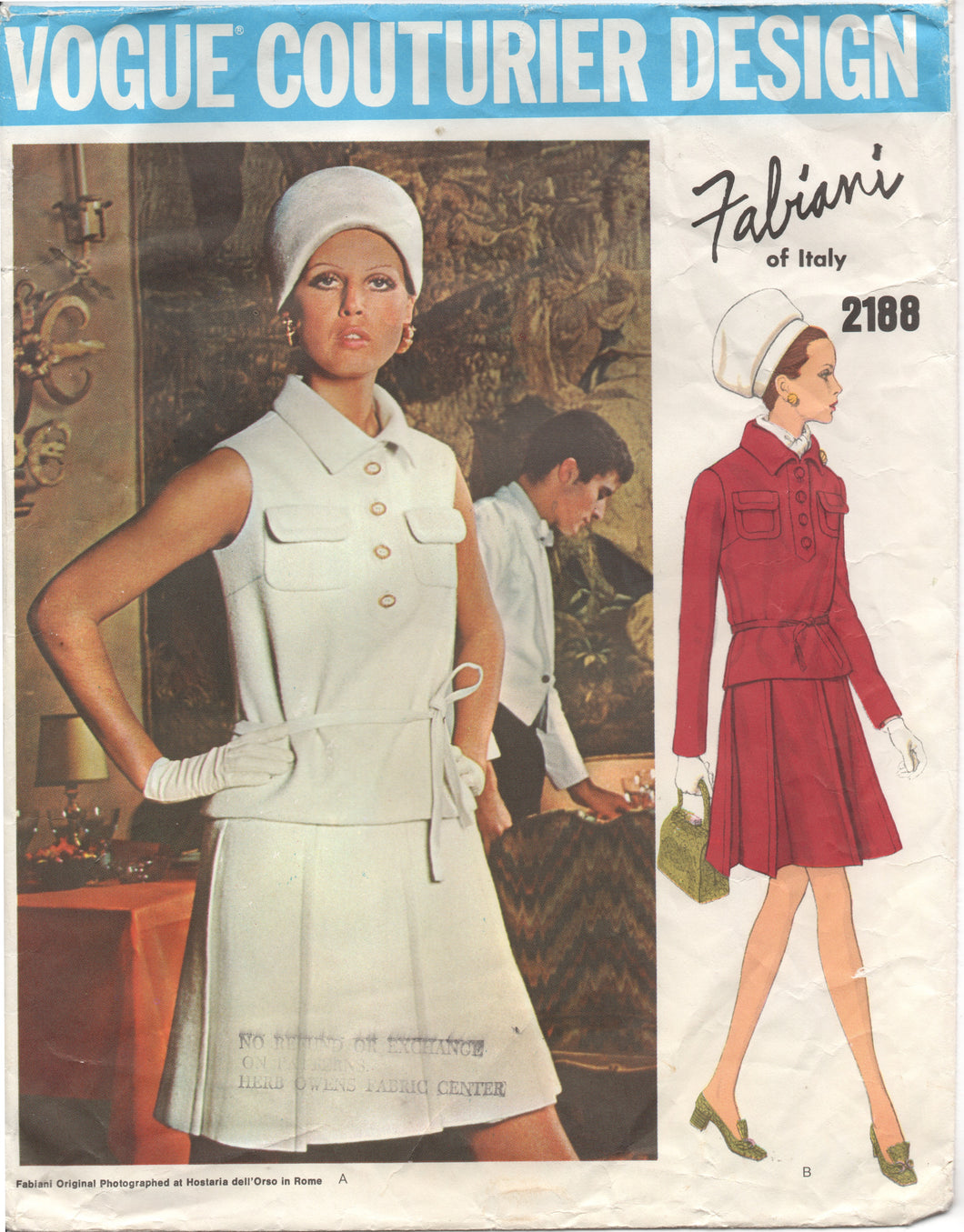 1960’s Vogue Couturier Design Two Piece Dress with two sleevelengths and pleated skirt - Bust 34” -No. 2188