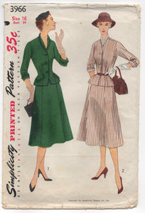 1950's Simplicity Two Piece Suit Dress with Cuffed Jacket - Bust 34" - No. 3966