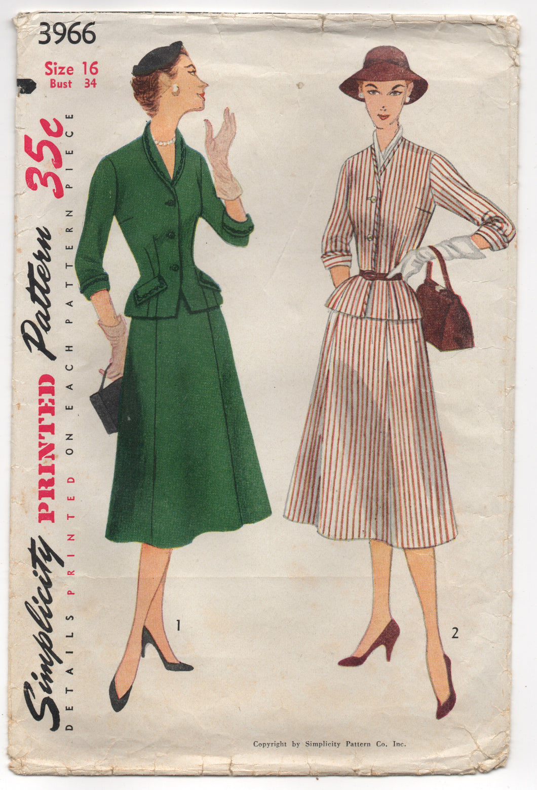 1950's Simplicity Two Piece Suit Dress with Cuffed Jacket - Bust 34