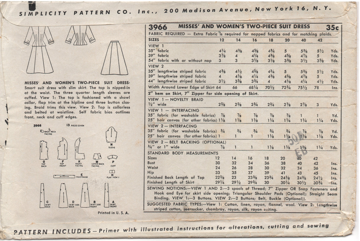 1950's Simplicity Two Piece Suit Dress with Cuffed Jacket - Bust 34" - No. 3966