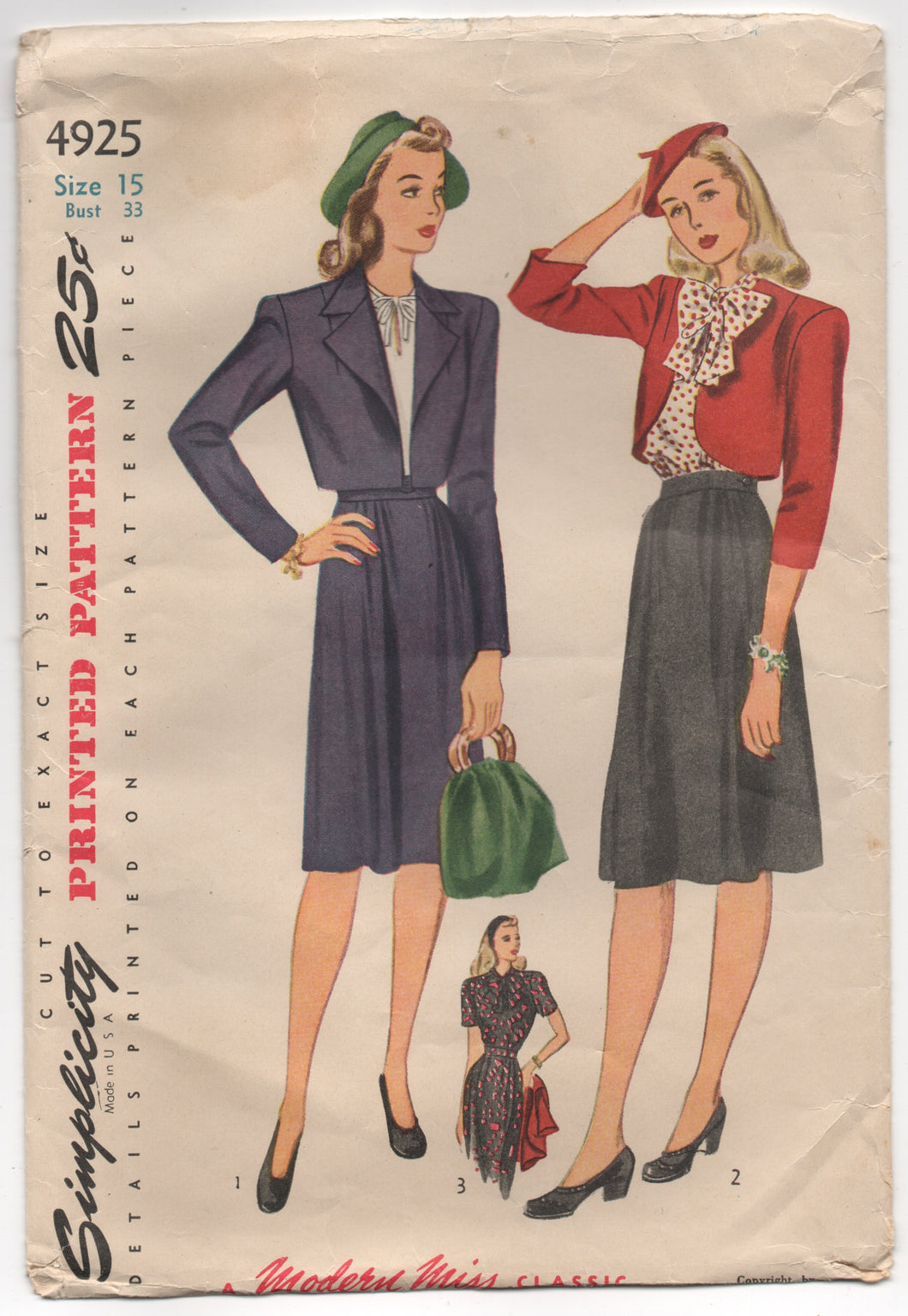 1940's Simplicity Bolero, Blouse with Bow, and A line Skirt - Bust 33