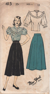 1940's New York by Louise Scott Blouse with Large Ruffle and Puff Sleeves and A line skirt - Bust 31" - UC/FF - No. 415
