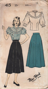 1940's New York by Louise Scott Blouse with Large Ruffle and Puff Sleeves and A line skirt - Bust 33" - UC/FF - No. 415