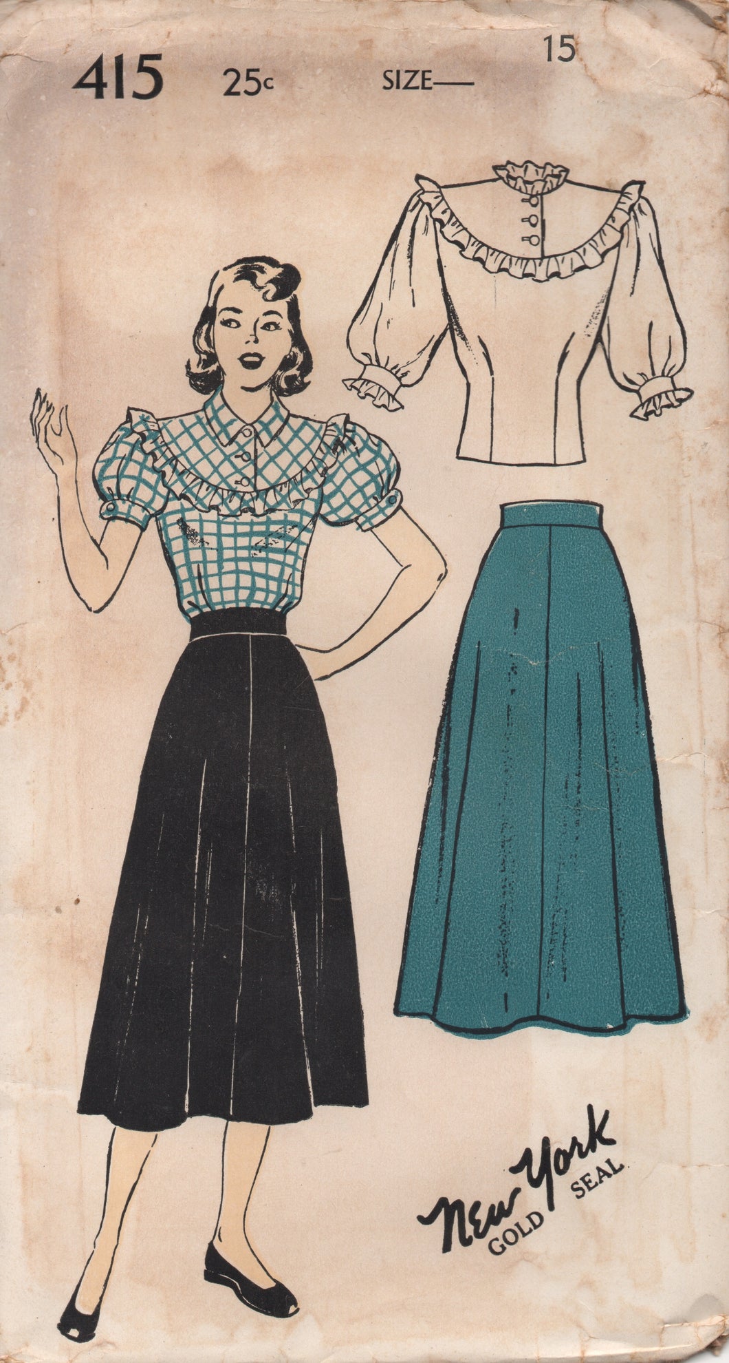 1940's New York by Louise Scott Blouse with Large Ruffle and Puff Sleeves and A line skirt - Bust 33