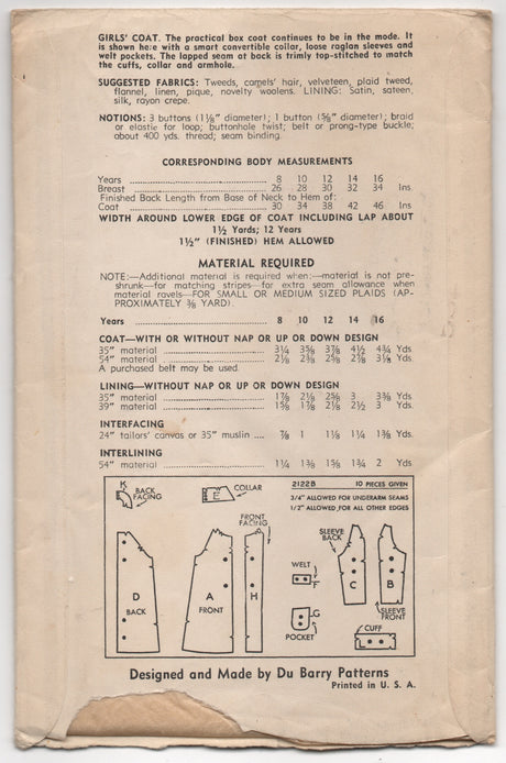 1940's DuBarry Girl's Box Coat with Convertible Collar and Belt - Breast 28" - UC/FF - No. 2122B