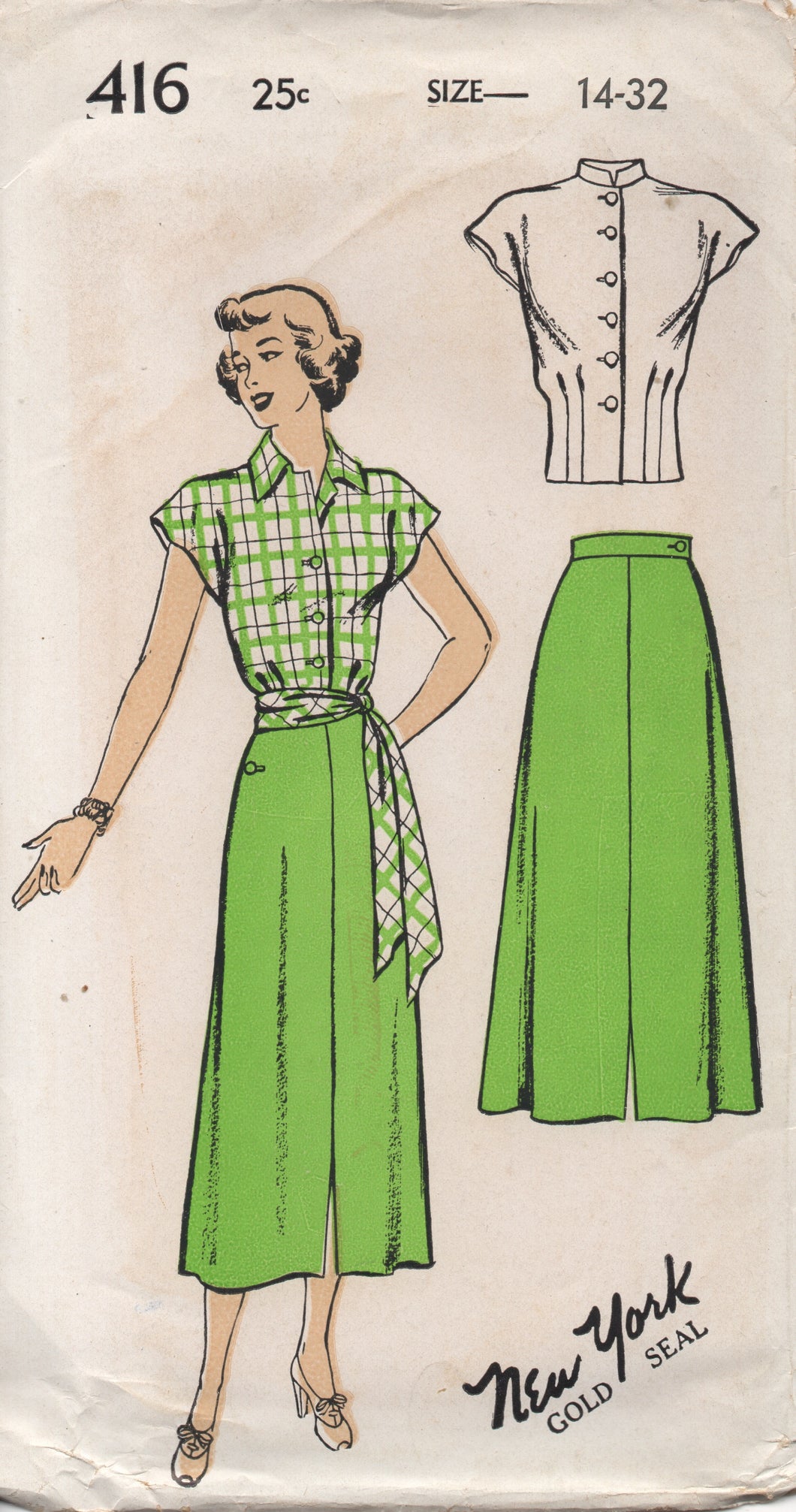 1940's New York Blouse with Drop Shoulders, Tie belt and A line skirt - Bust 32