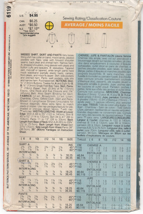 1988 Butterick ESPIRIT Oversize Shirt, Skirt and Pants - Bust 30.5-31.5-32.5" - UC/FF - No. 6119