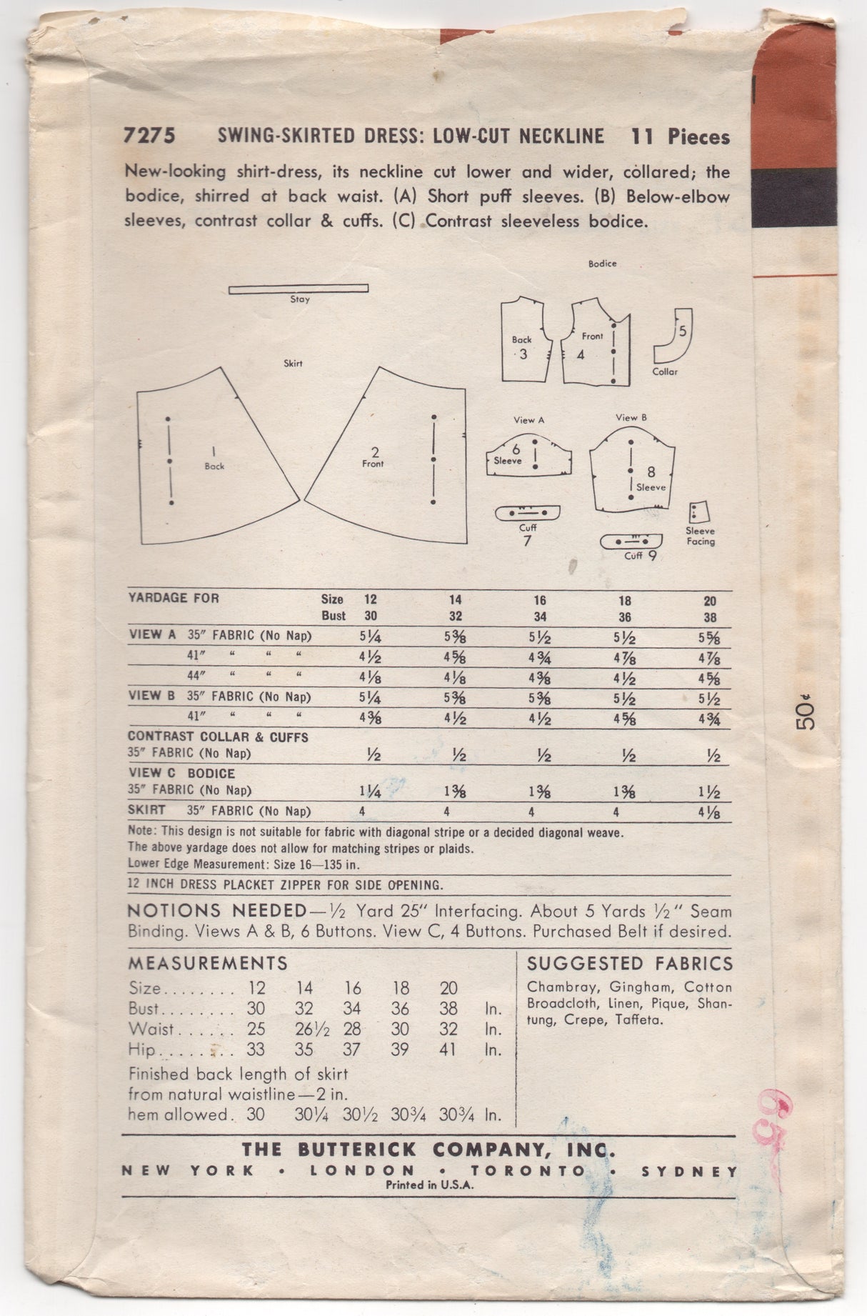 1950's Butterick Shirtwaist Dress with "Low-Cut" Neckline and Swing Style Skirt - Bust 32" - No. 7275