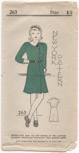 1930's New York Girl's One Piece Dress with Cross-over front and Two Sleeve lengths - Bust 30" - No.263
