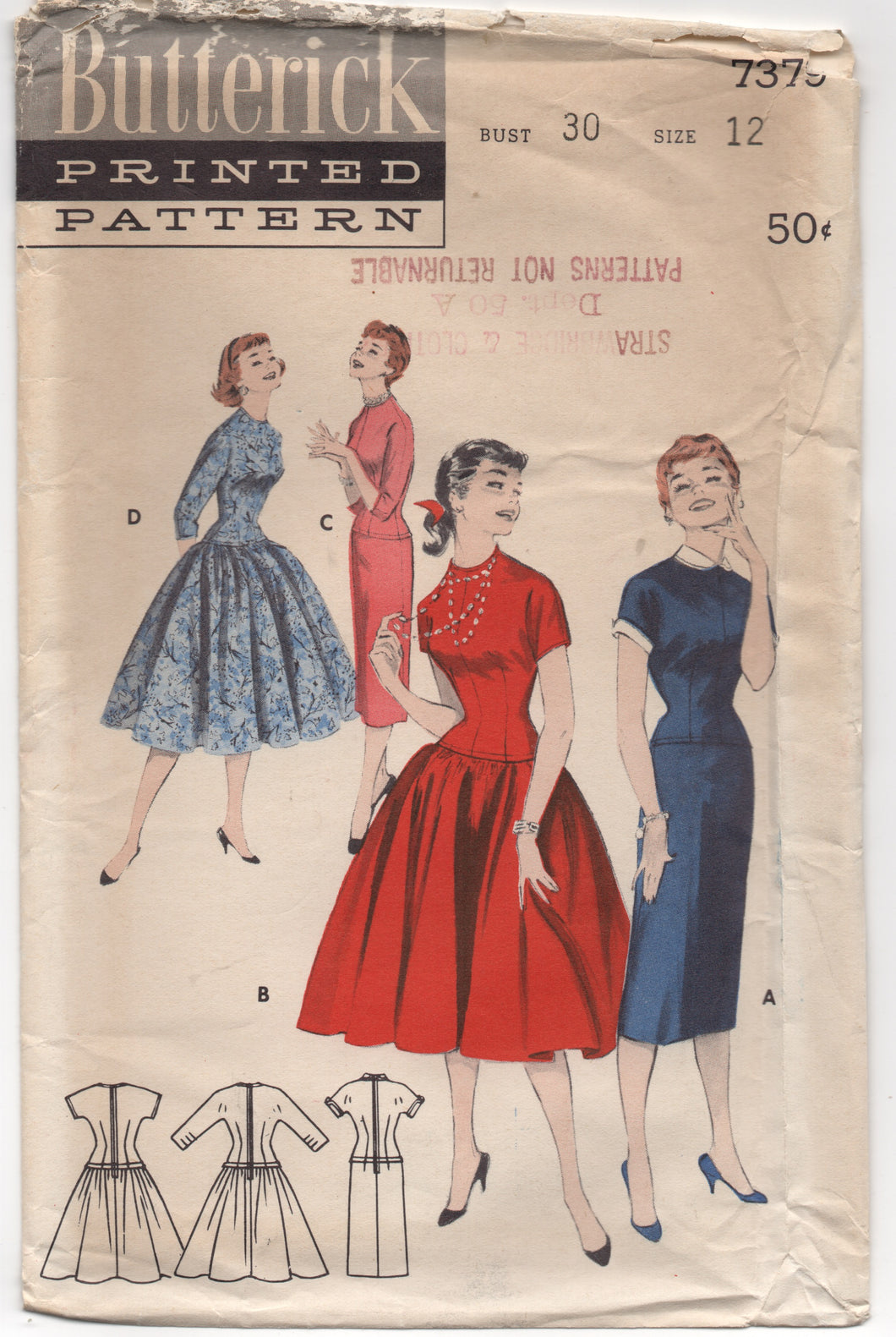 1950's Butterick Drop Waist Dress with Full or Slim Skirt & High Neckline - Bust 30
