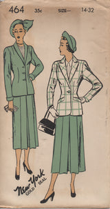 1940's New York Two-Piece Suit with Jacket with Inset pockets and Pleated Front Skirt Pattern - Bust 32" - UC/FF - No. 464