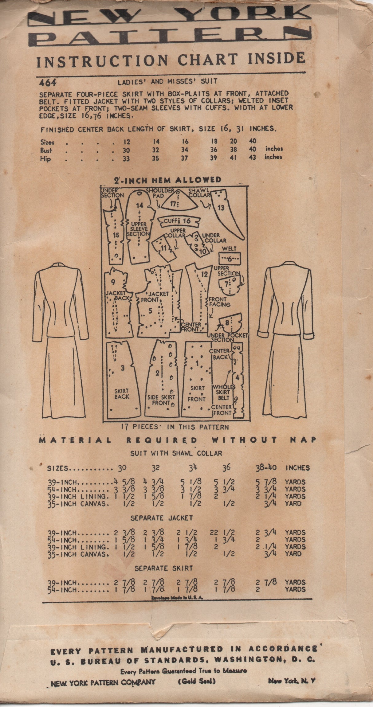 1940's New York Two-Piece Suit with Jacket with Inset pockets and Pleated Front Skirt Pattern - Bust 32" - UC/FF - No. 464