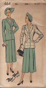 1940's New York Two-Piece Suit with Jacket with Inset pockets and Pleated Front Skirt Pattern - Bust 34" - UC/FF - No. 464