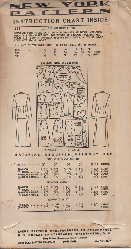 1940's New York Two-Piece Suit with Jacket with Inset pockets and Pleated Front Skirt Pattern - Bust 34" - UC/FF - No. 464